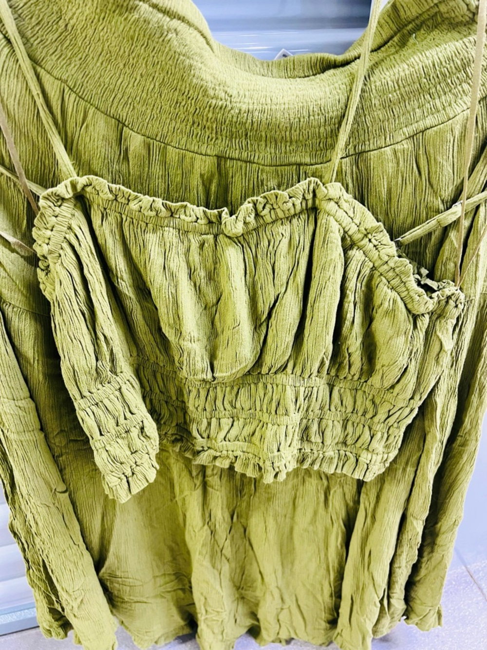 Japna Olive Green Crinkled Smocked Crop Camisole and Skirt Set